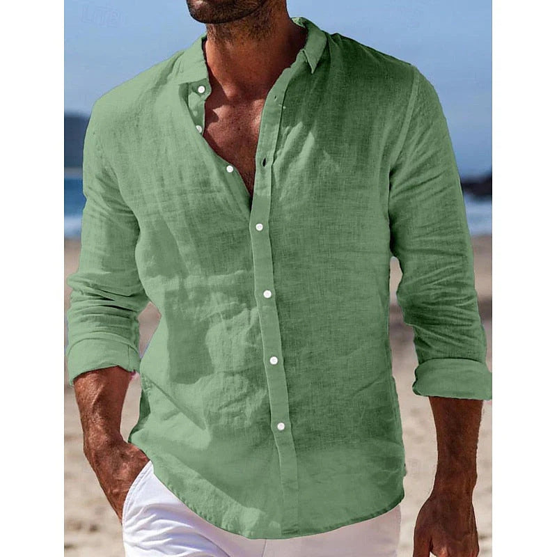 Camisa informal de algodón y lino de color liso para hombre