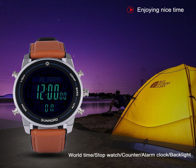 Multifunktionell herrklocka med barometer, kompass och termometer, utformad för fiske, friluftsliv och utomhusbruk.