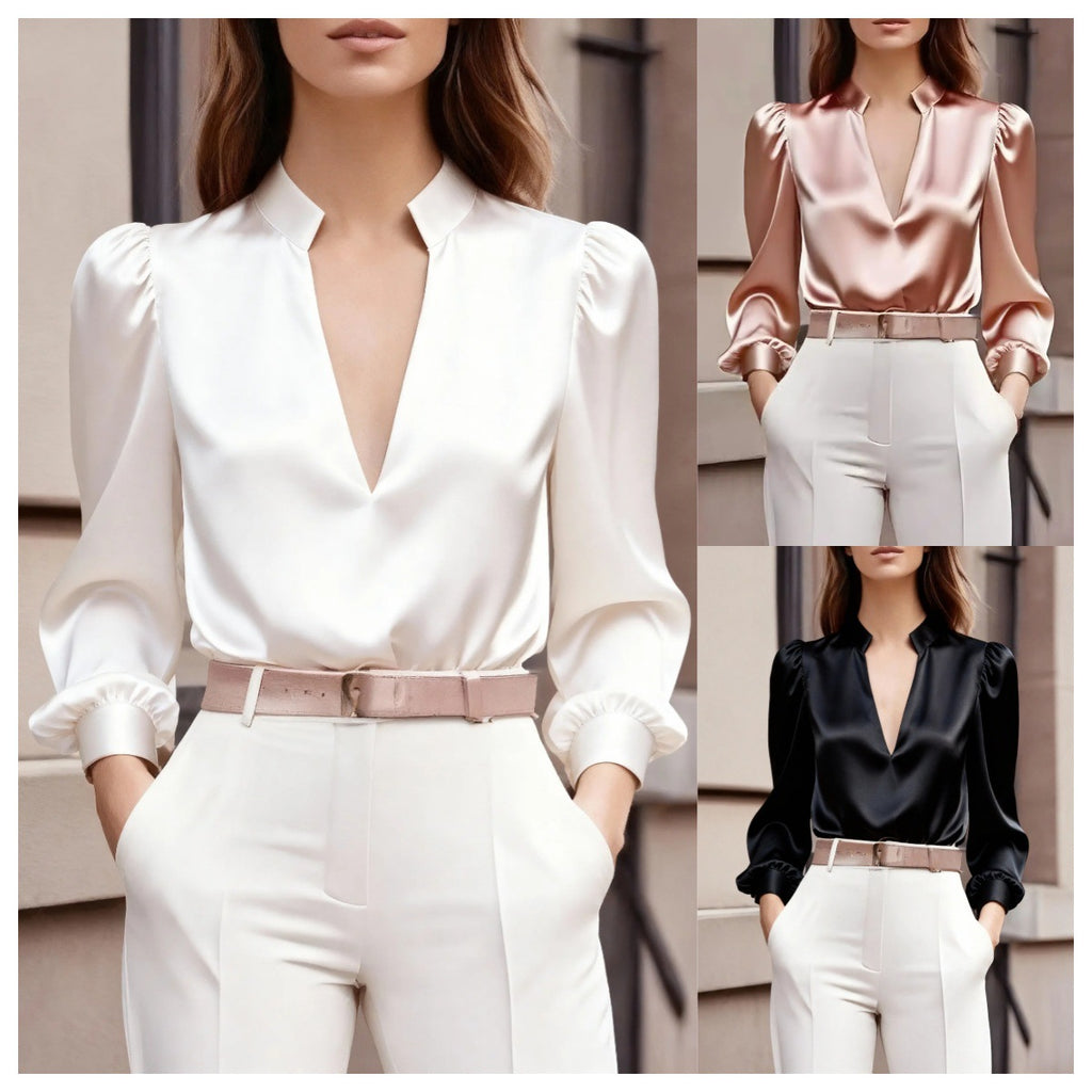 Naisten Satiininen Slim-Fit Pitkähiha, Ammattityylinen Toppi