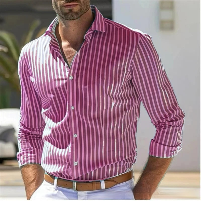 Camisa slim de rayas de manga larga para hombre, moda juvenil