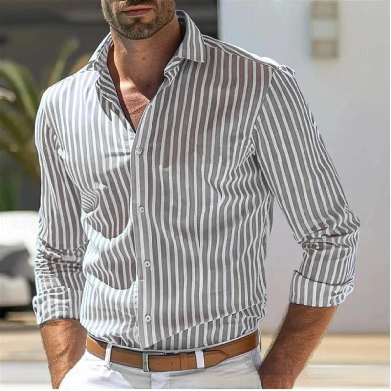 Camisa slim de rayas de manga larga para hombre, moda juvenil