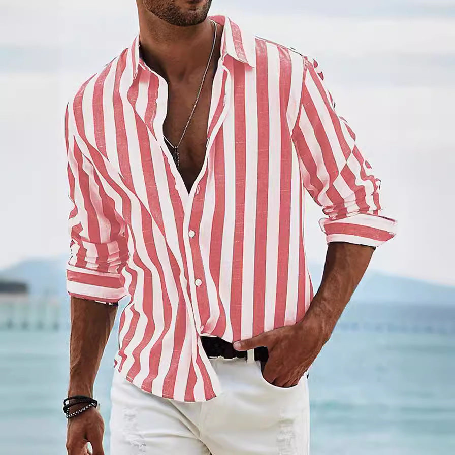 Camisa casual holgada de manga larga a rayas teñida en hilo para hombre