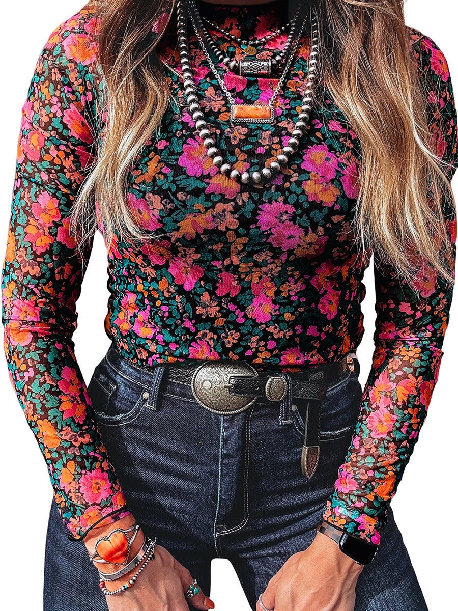 Top para mujer de cuello redondo, elegante y versátil, con estampado floral
