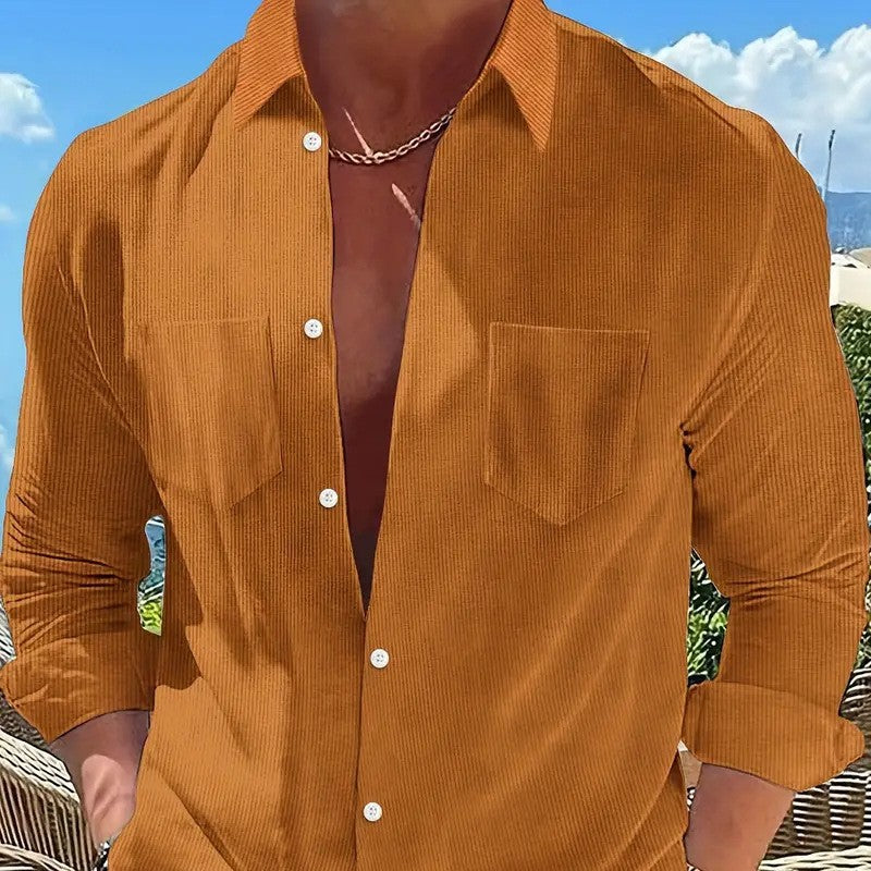 Vertical Striped Long-Sleeve Solid-Color Casual Shirt