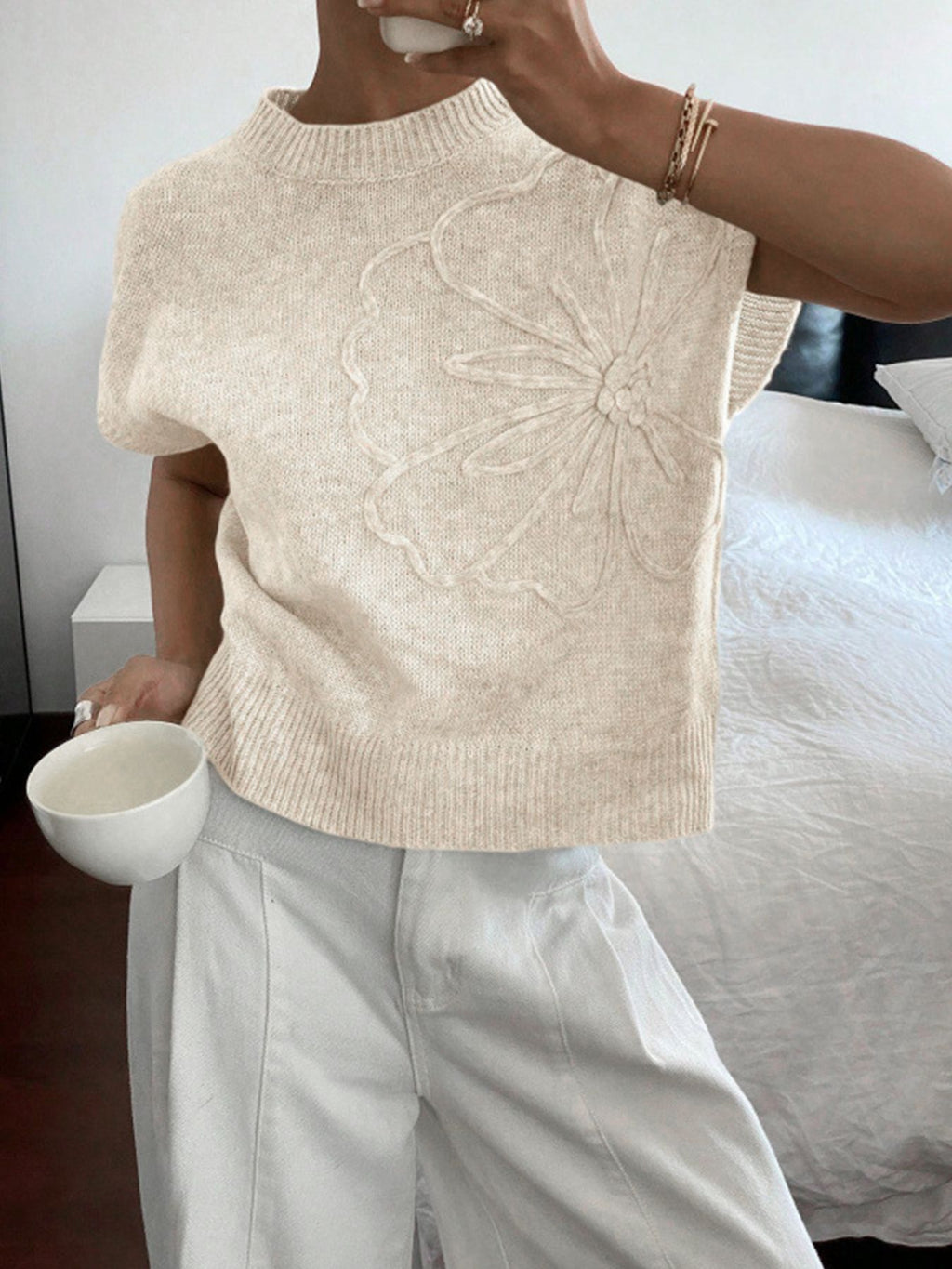 Top de jacquard tejido de color liso para mujer