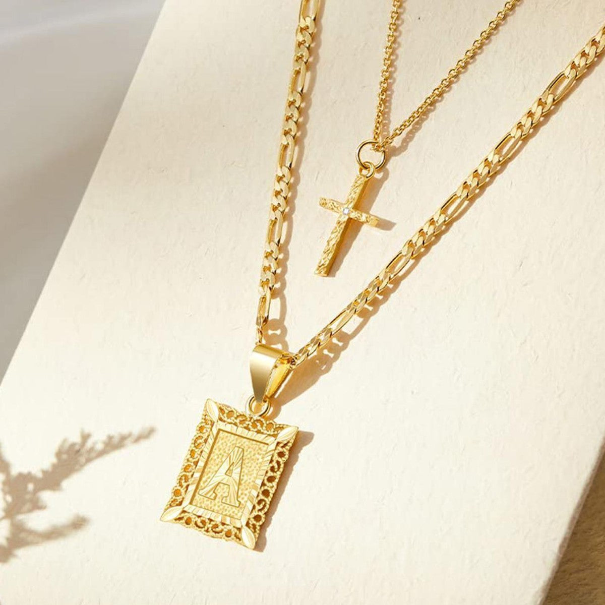 Double Layered Letter Square Cross Melon Seed Buckle Necklace