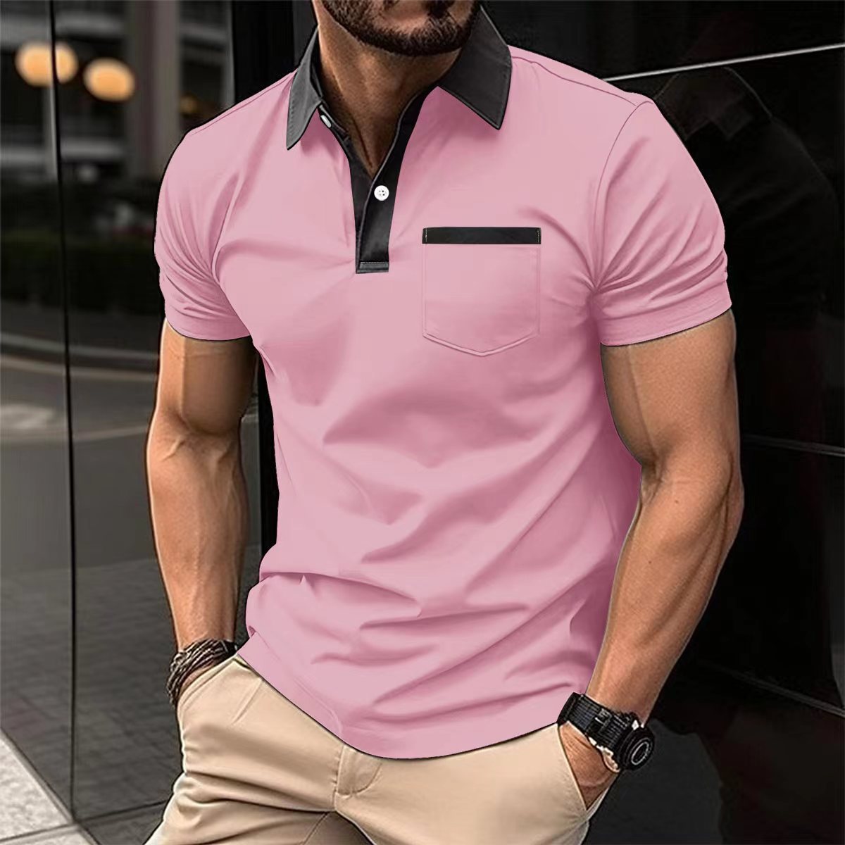 Camiseta polo de manga corta para hombre, ajuste slim, con bolsillo y cuello solapa