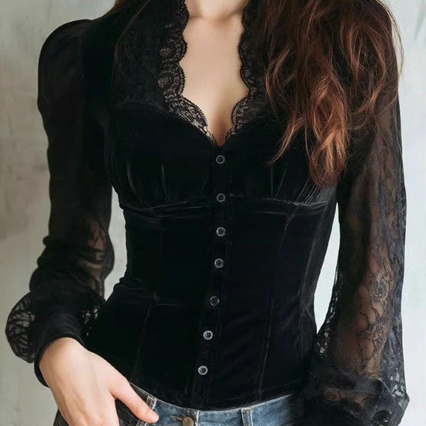 Top de mujer estilo francés de terciopelo negro y encaje en patchwork