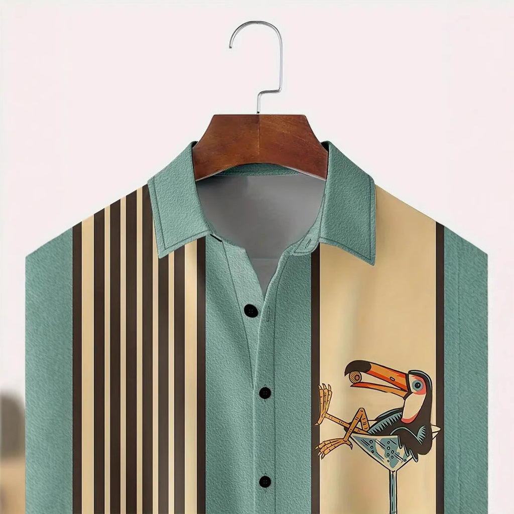Camisa hawaiana de hombre de manga corta con estampado a rayas y hebilla