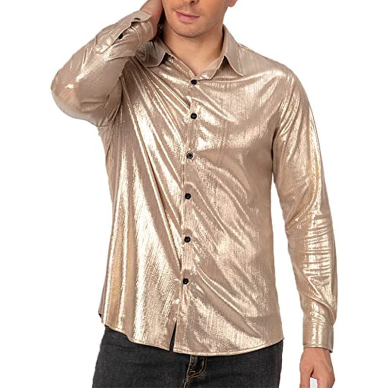 Camisa social masculina de botão com lantejoulas, cor lisa e estilo casual
