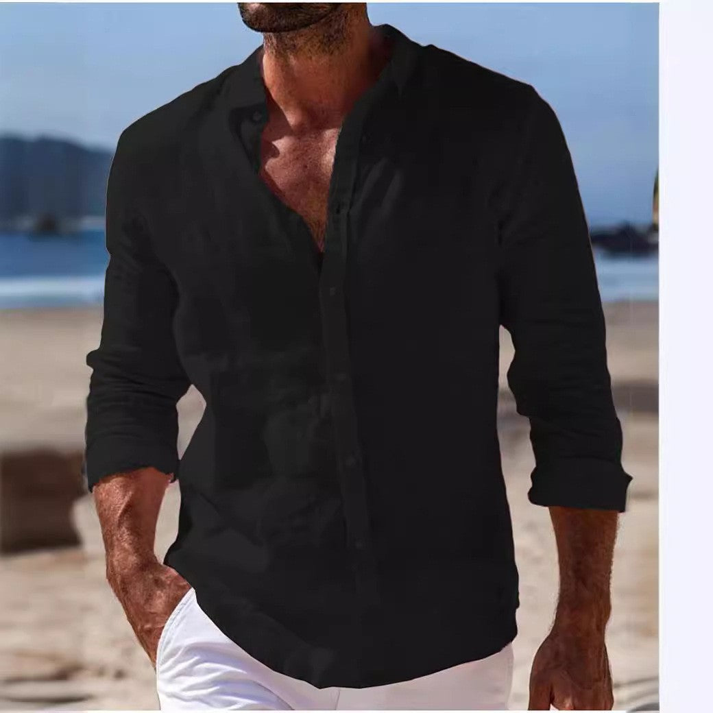 Camisa informal de algodón y lino de color liso para hombre
