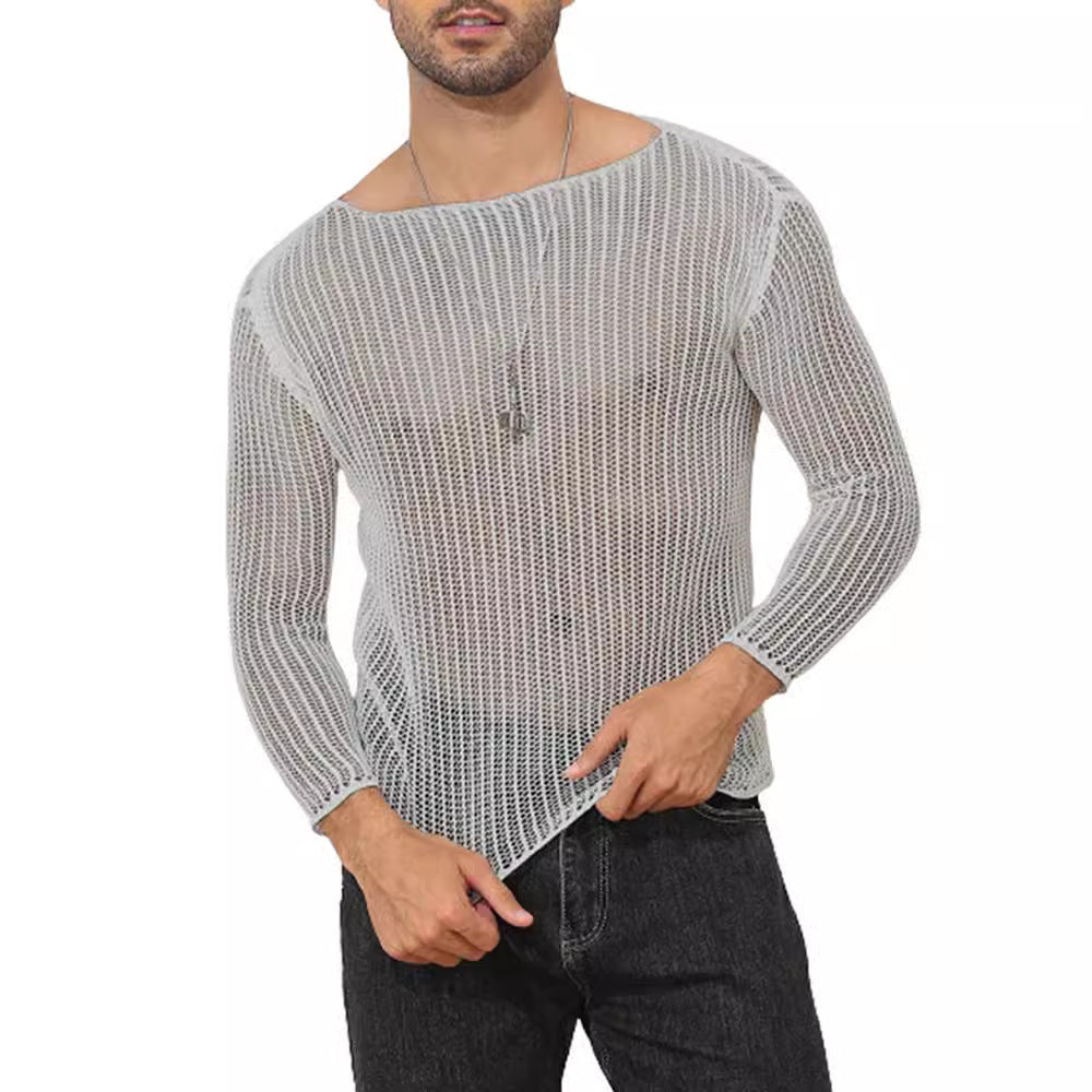 Camiseta de manga larga de color liso y transparente para hombre, top de punto fino