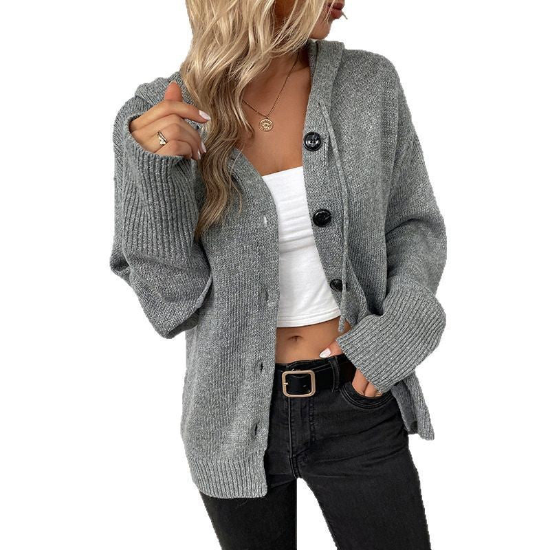 Jersey de punto liso para mujer con botones delanteros, capucha y cordón