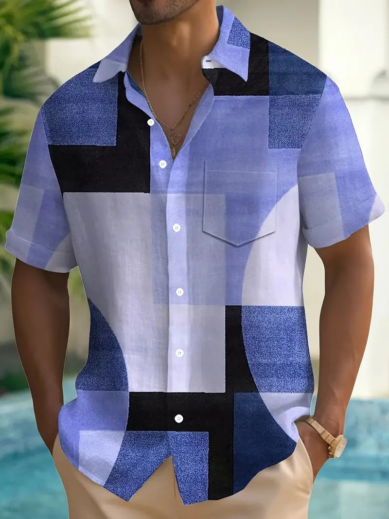 Camisa clásica retro geométrica de contraste de color con estampado 3D cuadrado