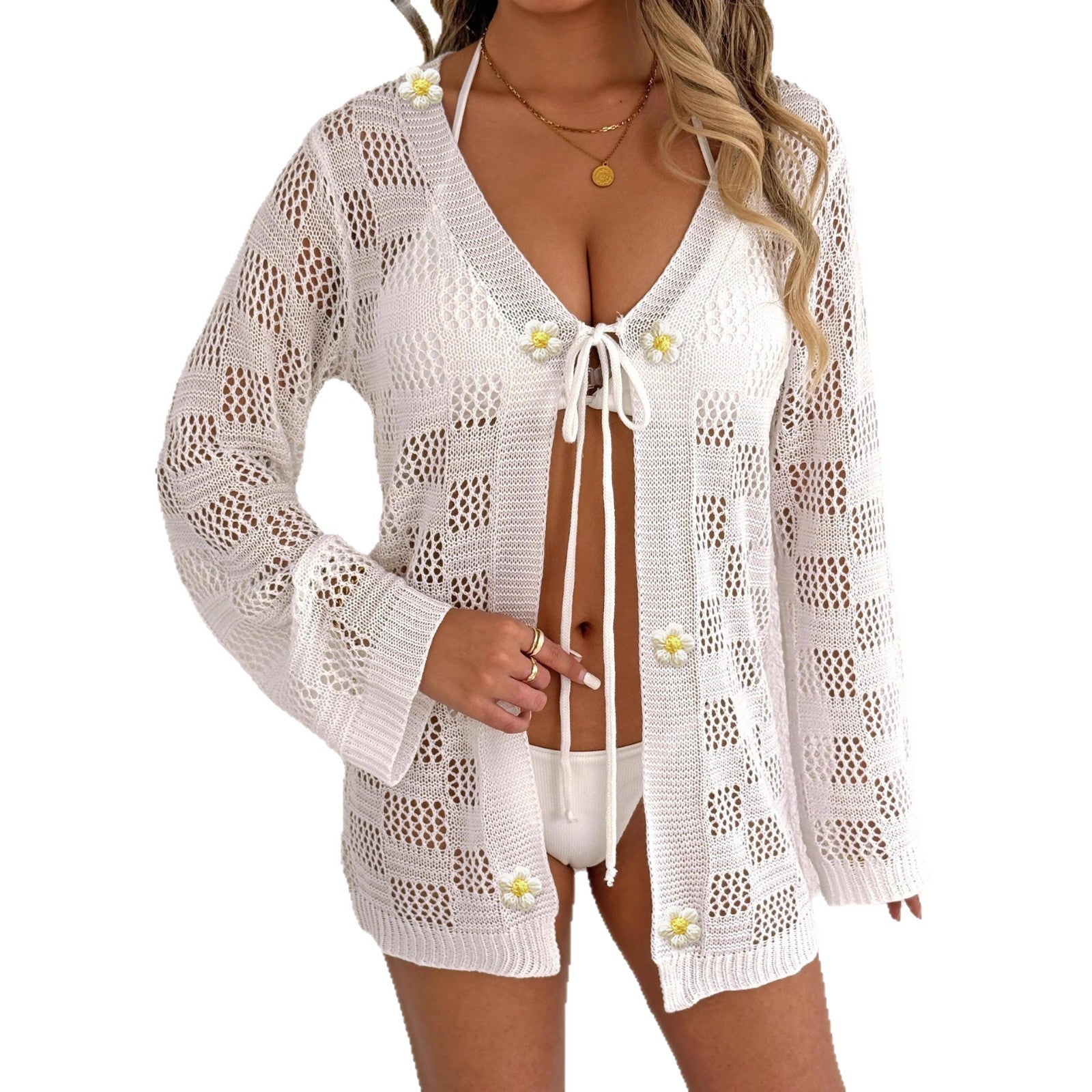 Cárdigan para mujer, suéter de punto máquina, hueco, manga larga, protección solar, cubre bikini, chaqueta de playa con lazo