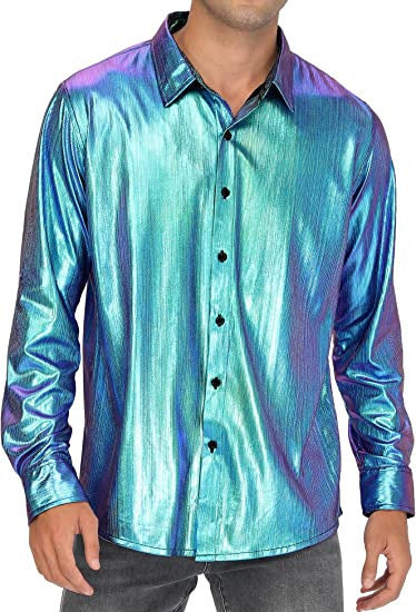 Camisa abotonada casual de color liso con lentejuelas para hombre