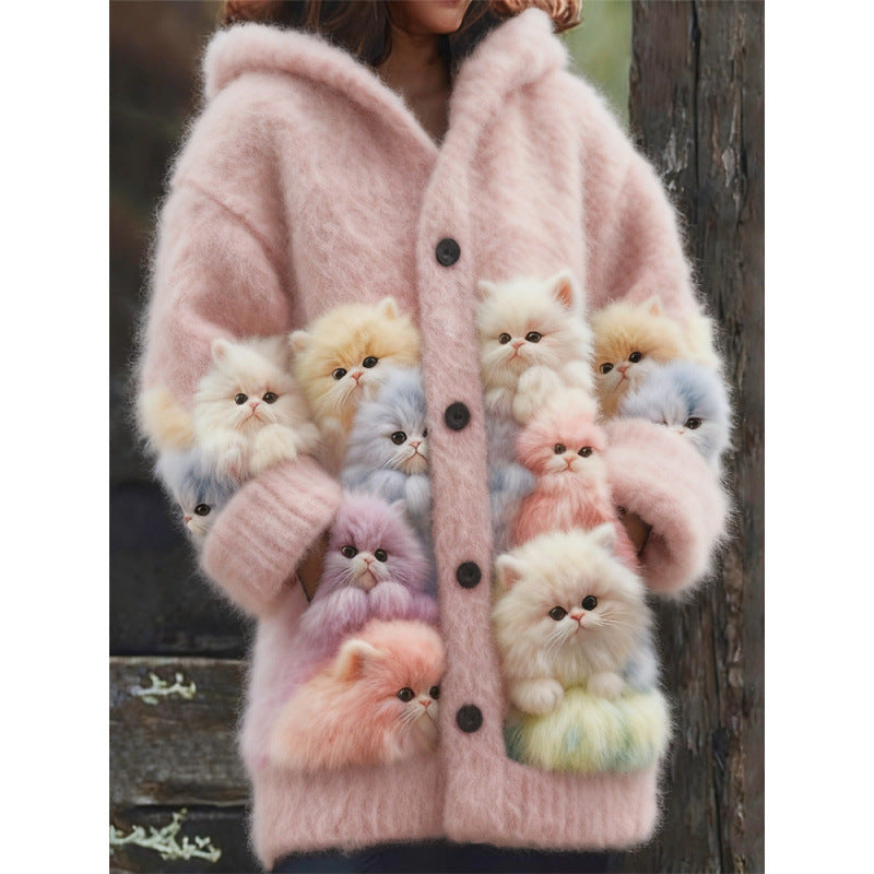Nueva chaqueta capa informal con capucha y estampado de gato impreso en 3D