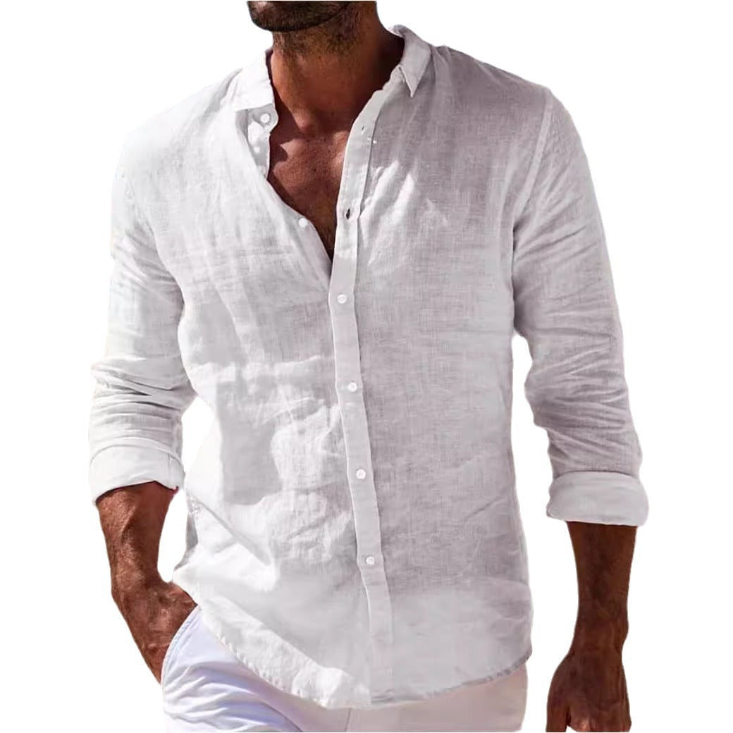 Camisa informal de algodón y lino de color liso para hombre