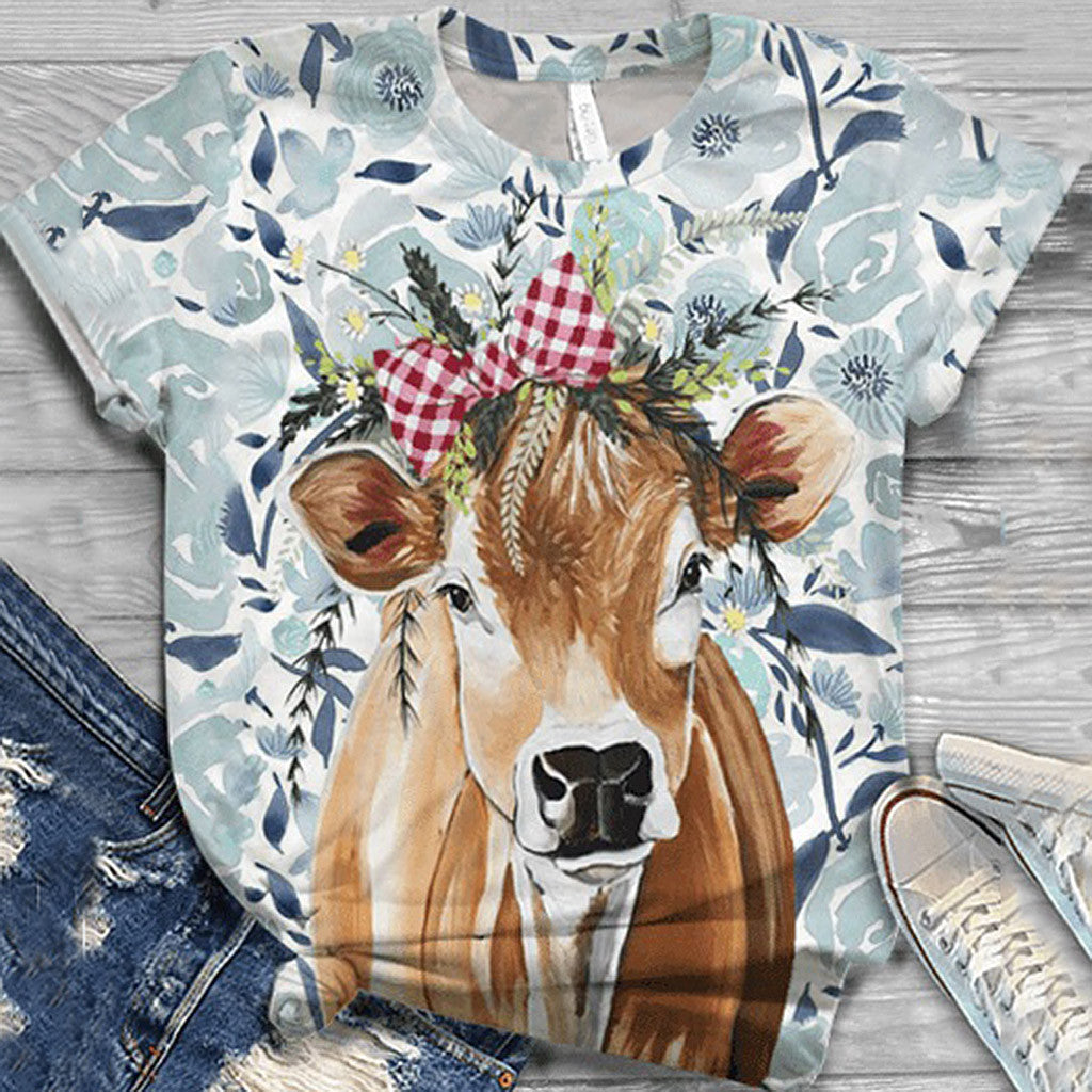 Camiseta de mujer moderna con estampado de cabeza de toro, cuello redondo y manga corta