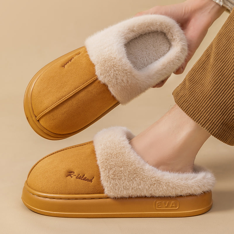 Nuevas pantuflas esponjosas y cálidas de invierno para pareja, estilo sencillo, antideslizantes y suaves, tipo mule para mujer y hombre, zapatillas de algodón para casa