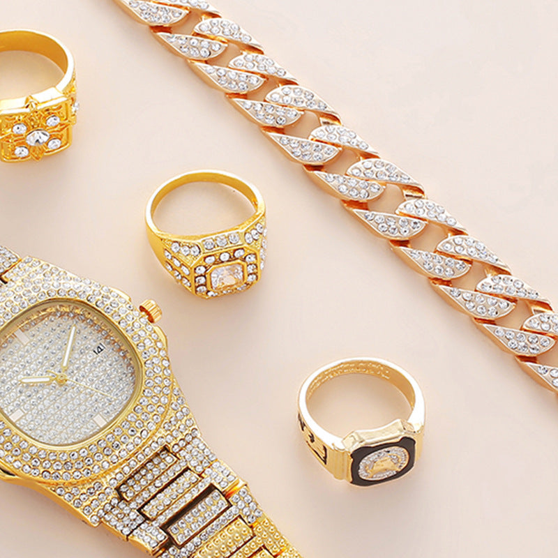 Presentset för far – kvartsklocka med kalender, armband och ringar i exklusiv design