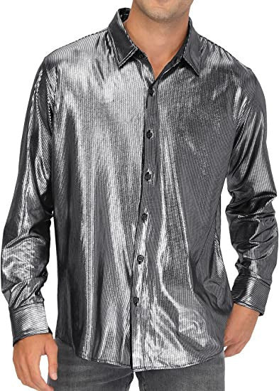 Camisa abotonada casual de color liso con lentejuelas para hombre