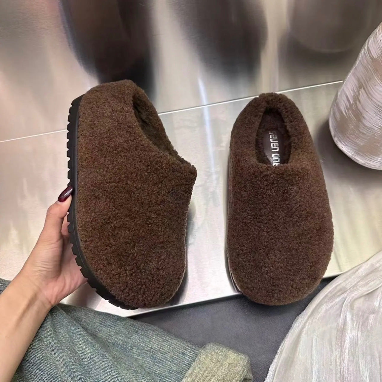 Retro-Plattform-Baumwollschuhe mit Fleecefutter für Damen, dick