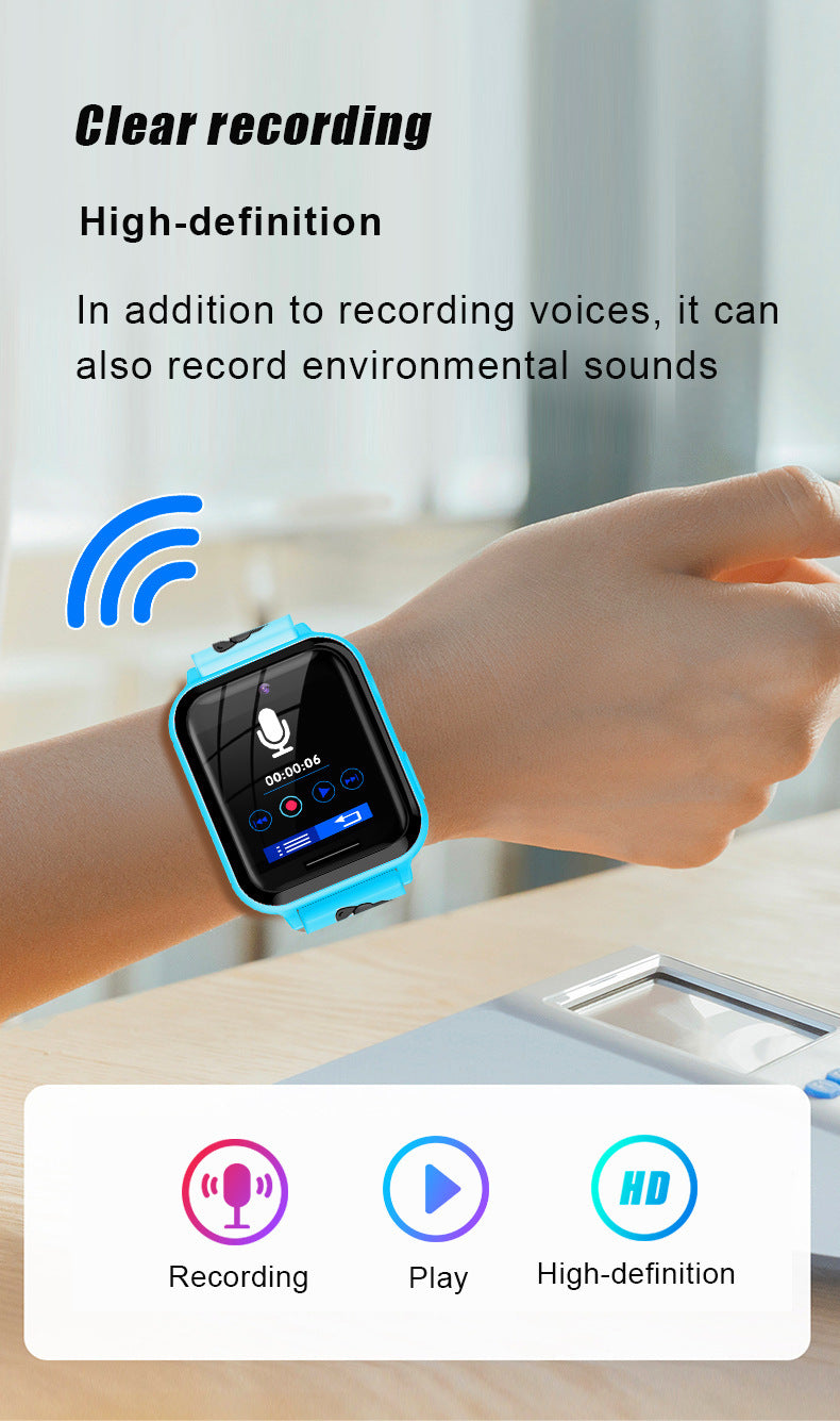 Smart klocktelefon för barn med pekskärm, flera språk och grundläggande kommunikationsfunktioner.