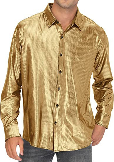 Camisa abotonada casual de color liso con lentejuelas para hombre