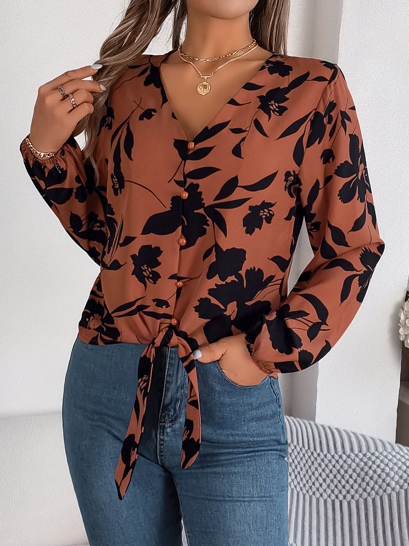 Top de gasa para mujer con estampado floral, mangas farol, bloques de color y cintura ajustable con lazo
