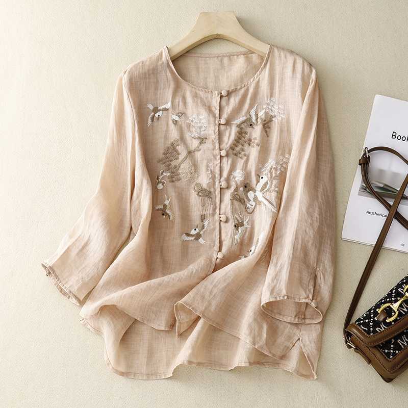 Camisa casual bordada para mujer de algodón y lino