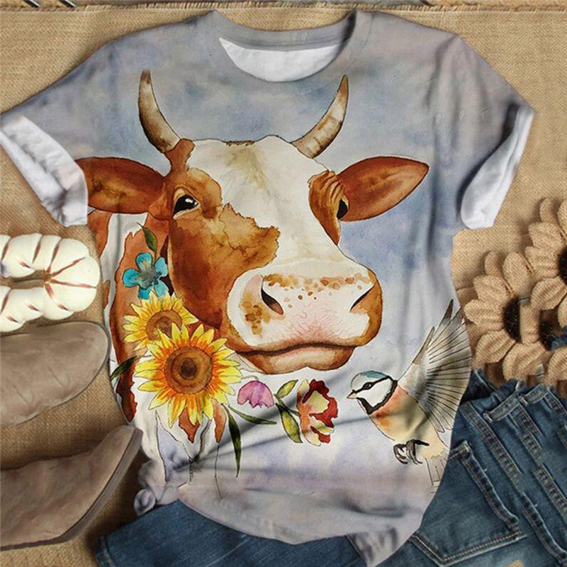 Camiseta de mujer moderna con estampado de cabeza de toro, cuello redondo y manga corta