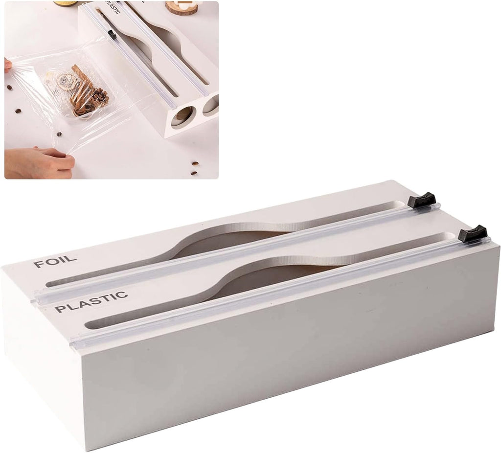 Organisateur 3 en 1 en bambou pour films avec coupeur et étiquettes, distributeur de film plastique, papier aluminium et papier ciré pour cuisine