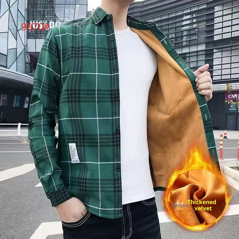 Camisa de manga larga para hombre de cuadros, engrosada y forrada de fleece para invierno