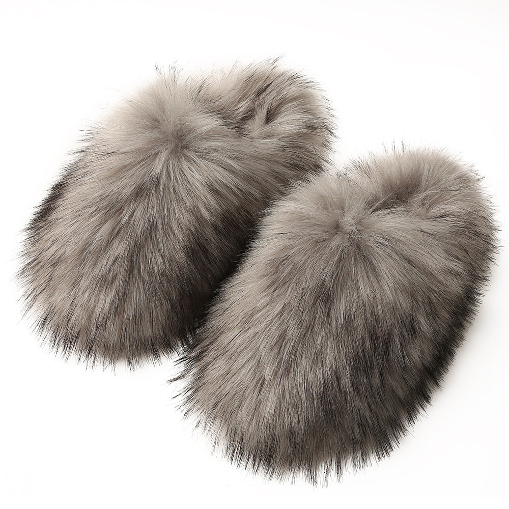 Europäische und amerikanische flauschige Damen-Hausschuhe für Herbst und Winter, warm, mit Fleece-Futter, Kunstfell