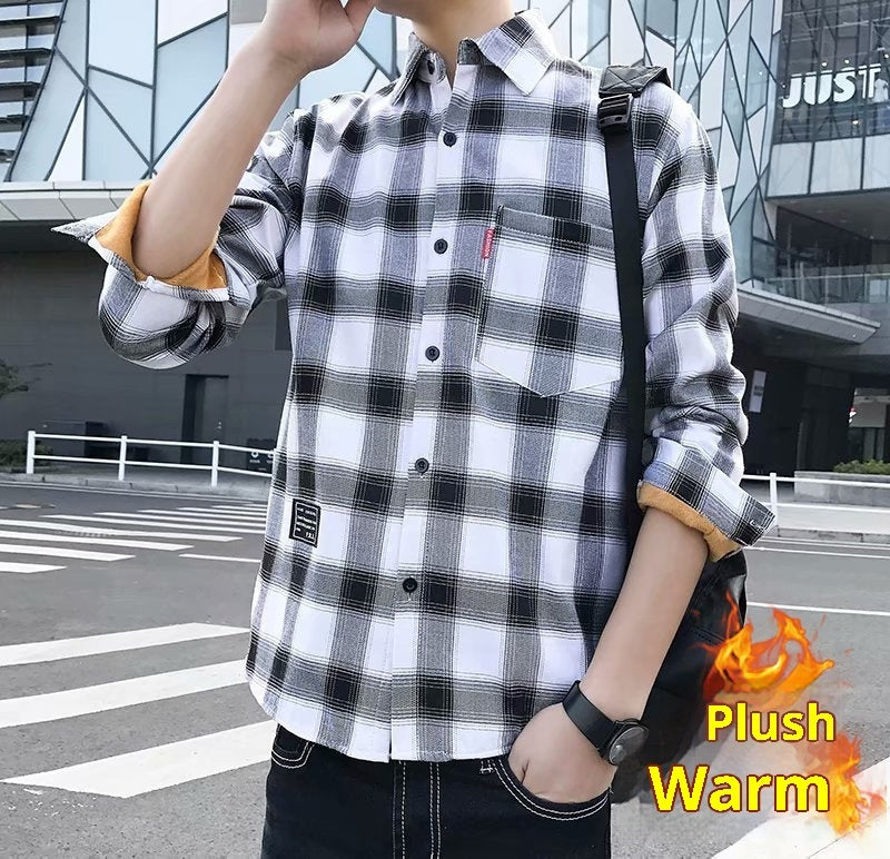 Camisa de manga larga para hombre de cuadros, engrosada y forrada de fleece para invierno