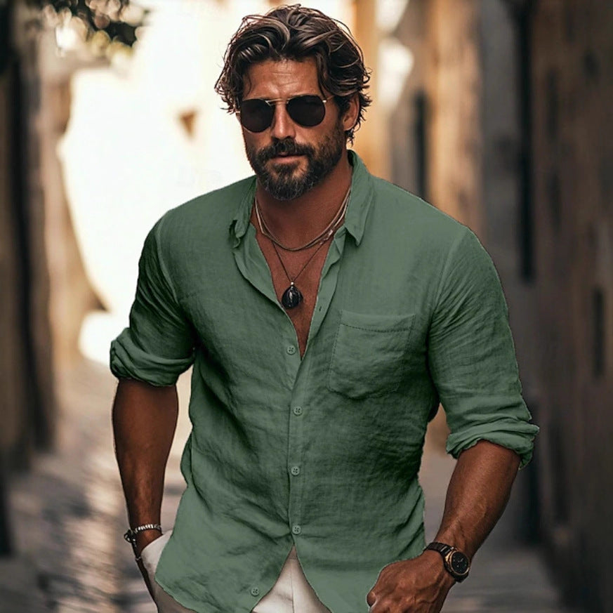 Camisa de hombre con solapa, transpirable, casual, de manga larga, bolsillo chino
