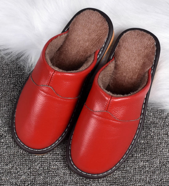Pantuflas térmicas de algodón de cuero genuino para pareja, de piel de vaca, impermeables