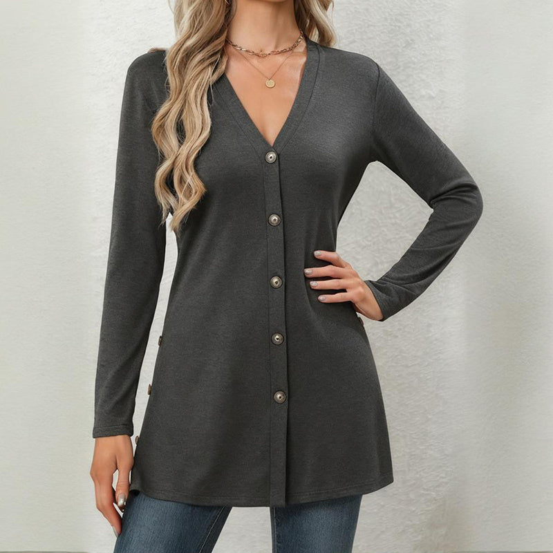 Cárdigan de mujer con abertura lateral - Primavera/Otoño 2025, ligero, cuello en V, con botones, para llevar sobrepuesta