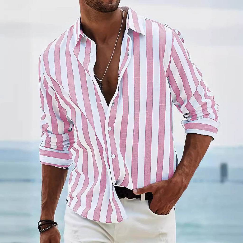 Chemise décontractée ample à manches longues rayée teinte en fil pour homme