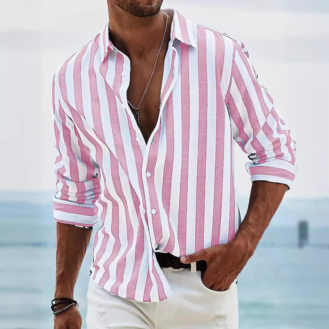 Camisa casual holgada de manga larga a rayas teñida en hilo para hombre