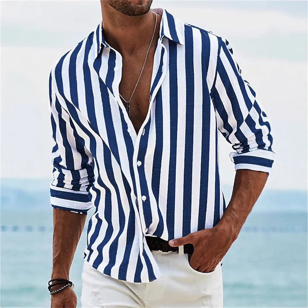 Camisa casual holgada de manga larga a rayas teñida en hilo para hombre