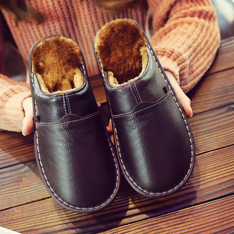 Pantuflas térmicas de algodón de cuero genuino para pareja, de piel de vaca, impermeables