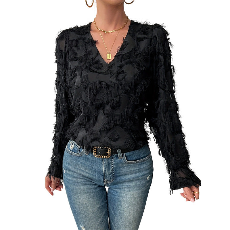 Niche Design Löysä Höyhenhapsuinen Pitkähihainen Toppi