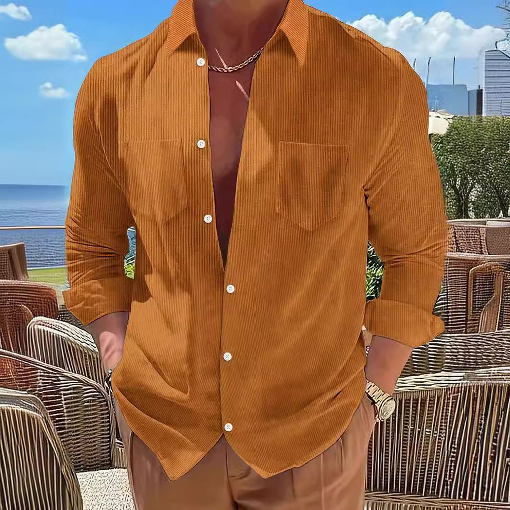 Vertical Striped Long-Sleeve Solid-Color Casual Shirt