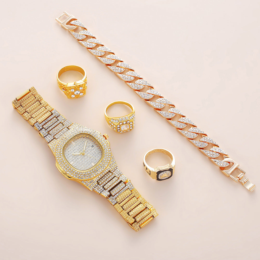 Presentset för far – kvartsklocka med kalender, armband och ringar i exklusiv design