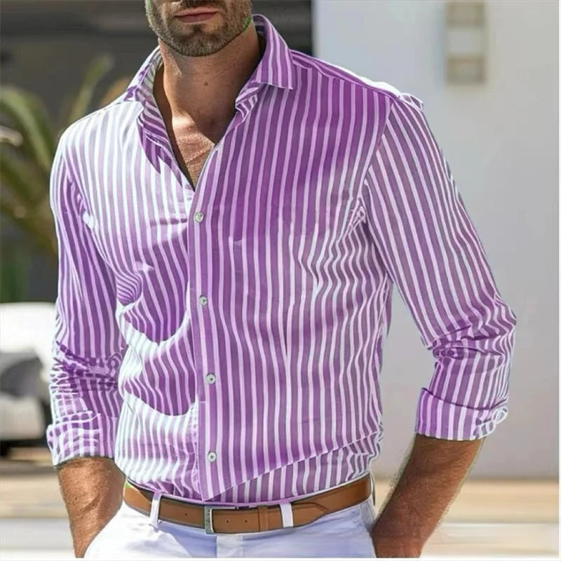 Camisa slim de rayas de manga larga para hombre, moda juvenil
