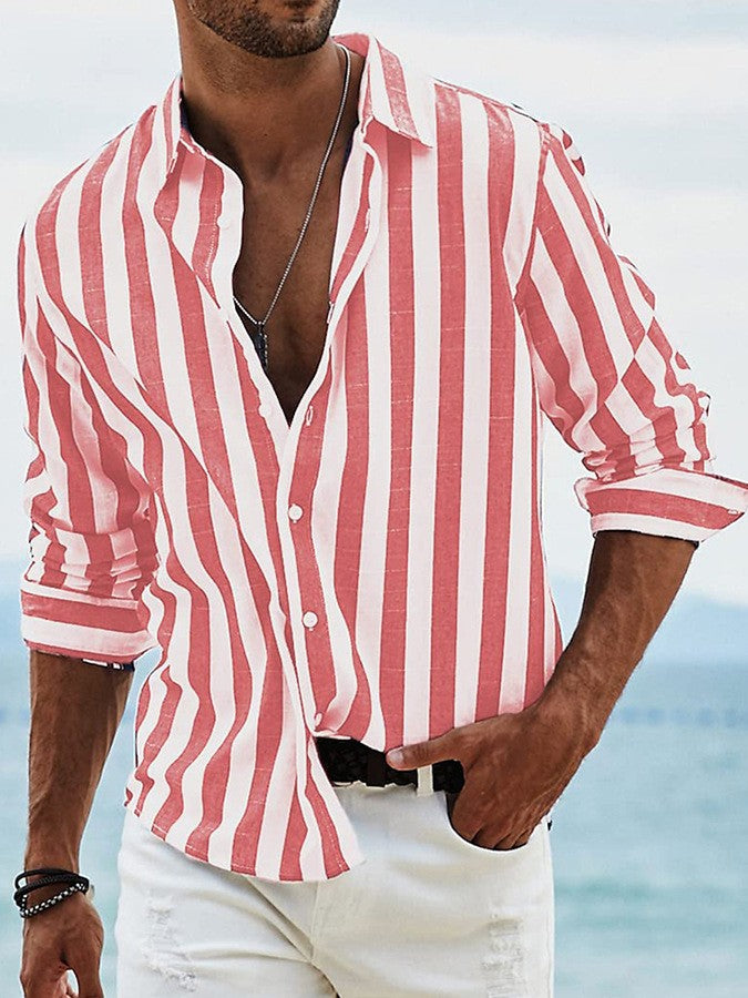 Camisa casual holgada de manga larga a rayas teñida en hilo para hombre