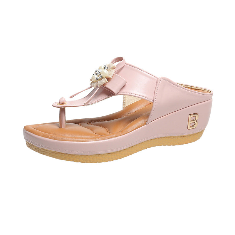 Sandalias tipo chancla con cuña y flor para mujer, talla grande, de playa