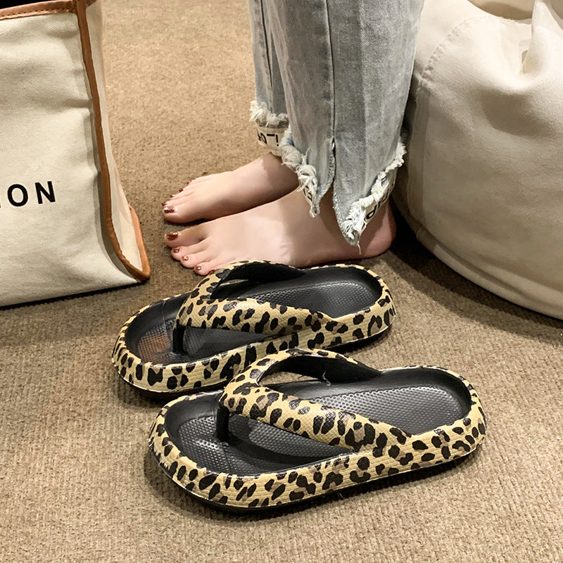 German
Damen-Slipper mit Fischgrätenmuster, Sommer, Zehenclip, dicke Sohle, Leopardenmuster
